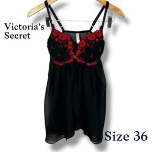 Victoria’s Secret Lace Chiffon Chemise Padded Size 36 B/C Black Red Floral